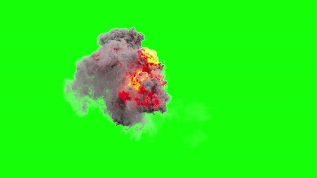 Aerial fire explosion with smoke cloud on green screen. Explosion burst in midair with flames and thick smoke. Isolated mid air fire detonation