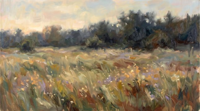 An impressionist oil painting depicting a peaceful meadow with wild grasses and flowers under a soft golden evening summer sky