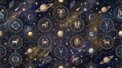 Cosmic geometric zodiac pattern, realistic vector zodiac animals and symbols arranged with planetary rings, geometric circles, constellation networks, stars and abstract angular shapes, deep celestial © Maftuh