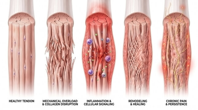 Progressive stages of tendon degeneration and collagen fiber degradation in human tissue with collagen fibers