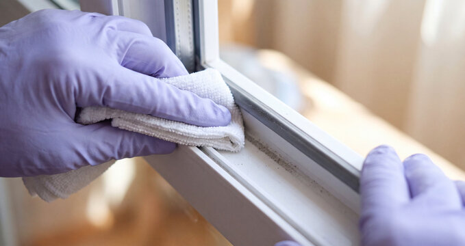 Close-up of gloved hands removing accumulated dirt from a narrow residential window track.