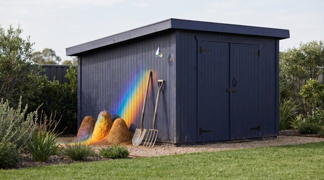 Rainbow shadows across a compact garden toolshed