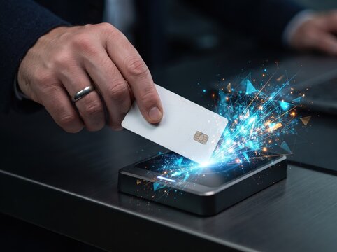 Close-up of a businessman making a secure contactless payment with a smart chip card over a wireless reader with glowing digital light sparks.