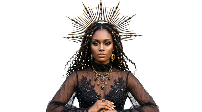 Mysterious dark goddess wearing an ornate golden halo and black jewelry isolated on a transparent background