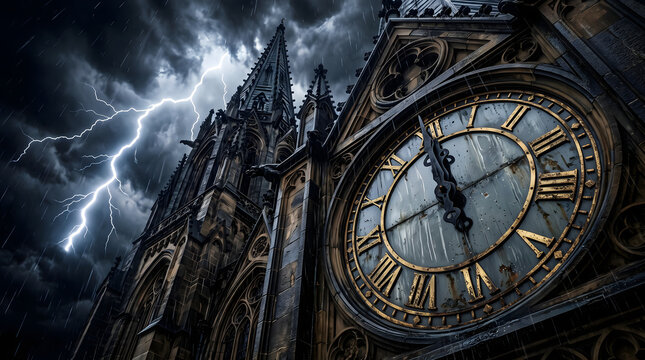 Gothic clock tower during a dramatic thunderstorm with lightning strikes at night