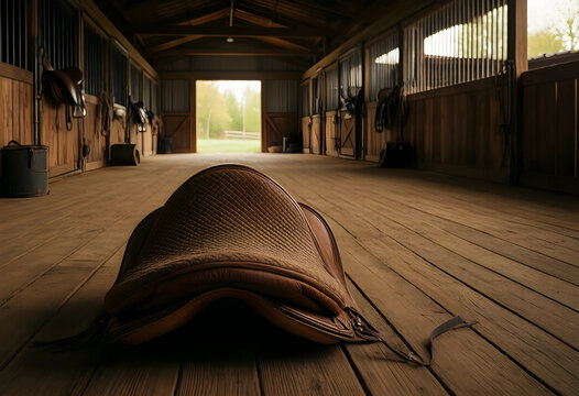 Equestrian lifestyle and horse riding hobby, leather saddle resting on wooden floor in a rustic stable aisle with open barn doors and natural light