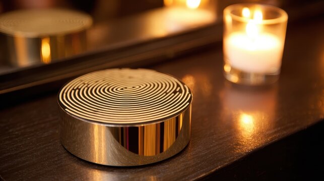 Polished silver biometric data scanner disc with intricate spiral pattern, casting warm ambient light on a textured surface