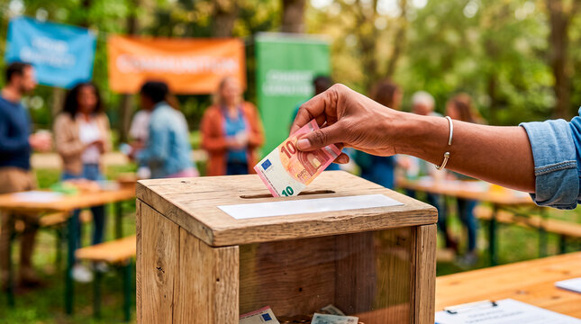 Hand putting money in donation box, Hand placing euro banknote in donation box at outdoor community event  