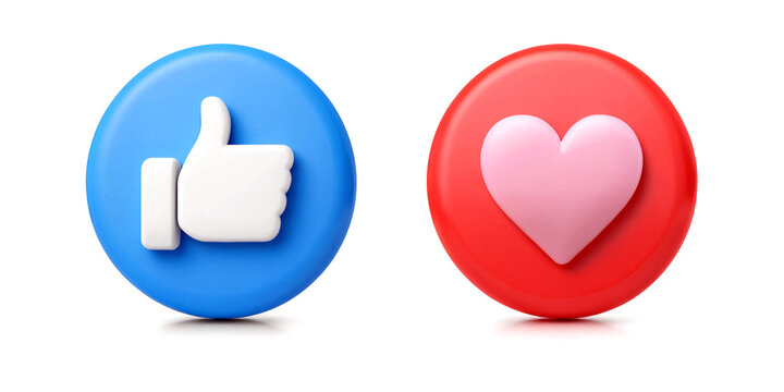 Colorful threedimensional thumbsup and heart icons for social media engagement and likes