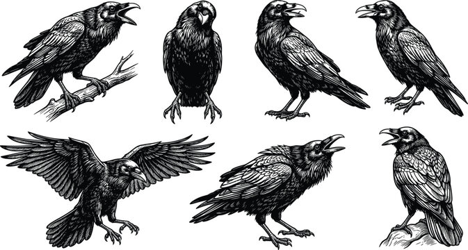 Vintage Raven And Crow Engraving Vector Illustration Set Featuring Black Birds In Flight Perching And Cawing Poses For Halloween Gothic Graphic Designs