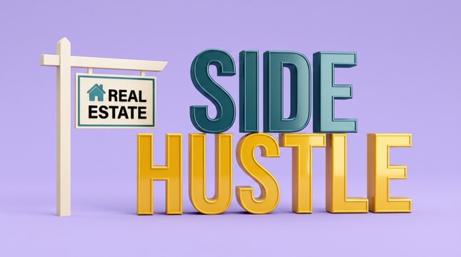 3D side hustle text next to a small real estate sign on a purple background