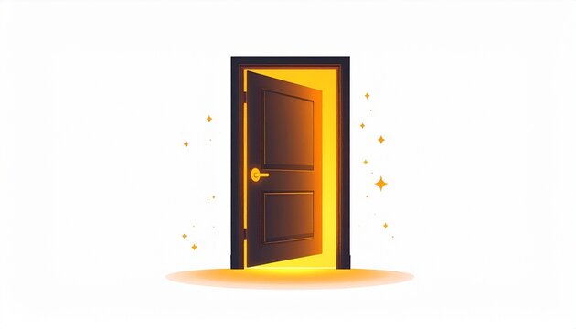 Open black door with bright golden light on white background