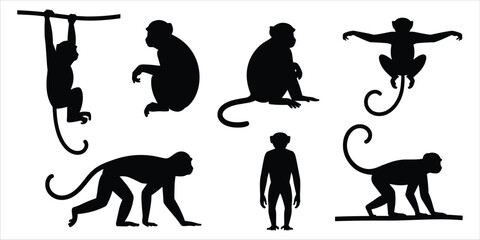 A set of seven black silhouette of monkeys in different poses, including hanging, sitting, and walking, presented on a white © MdAlAmin