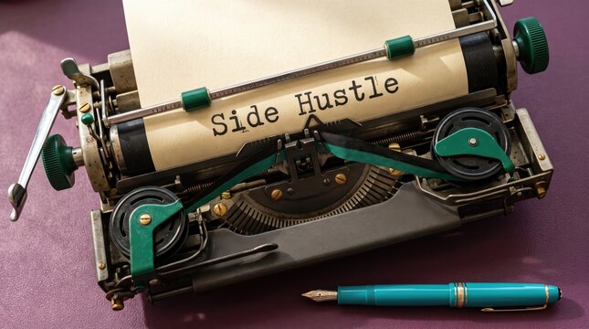 Vintage typewriter with a paper displaying side hustle text on a purple background