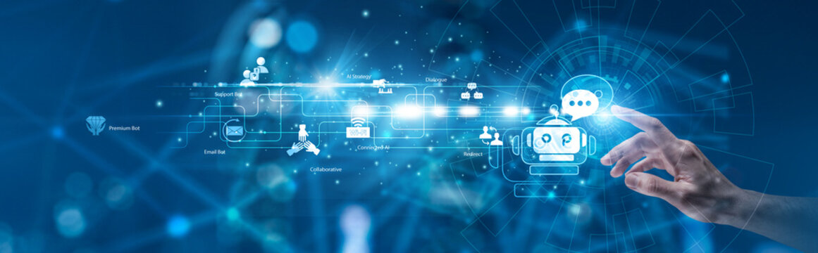 Conversational AI. Support agent pointing the hand at glowing automated messaging interface and customer interaction service portal. Natural language process and virtual assistance.