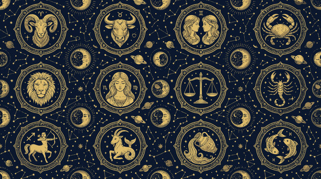 Luxury zodiac seamless pattern, realistic vector illustrations of twelve zodiac signs, celestial moons, stars, constellations and planetary elements, intricate ornamental details, elegant balanced lay