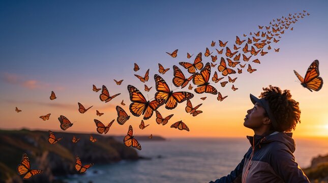 Monarch butterflies mimicking bird
migration, Young black woman watching monarch butterflies at sunset on coastal cliffs  