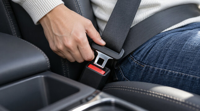 Mano abrochando cintur&oacute;n de seguridad dentro del autom&oacute;vil
