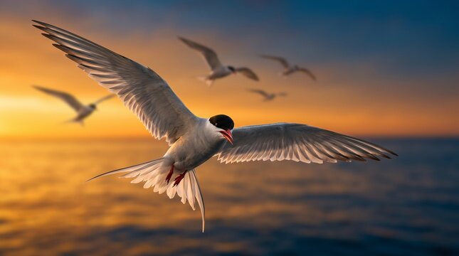 Arctic terns on their long journey, Arctic tern flying over the sea at sunset with other birds in background  