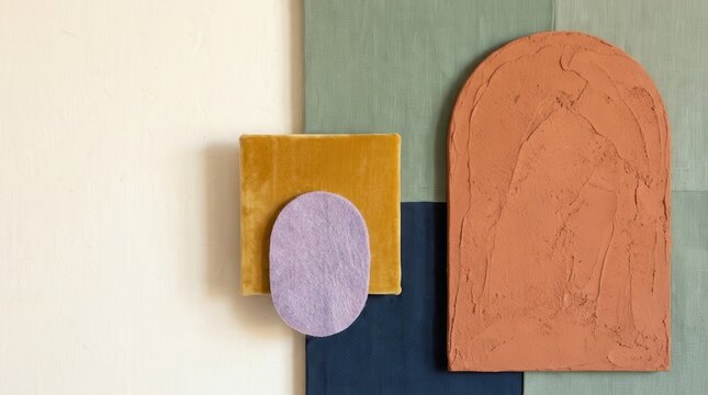 Textural Abstract Art. Geometric shapes composed of velvet, felt, and plaster textures, minimalist interior wall decoration, contemporary architectural mood board background.