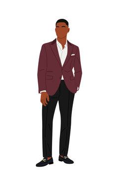 Stylish man stands confidently in burgundy blazer. Dark trousers and polished shoes complete his look. His posture exudes calm assurance and refined taste. Ideal for professional, fashion