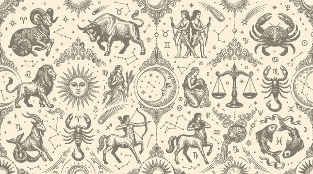 Vintage astrology zodiac pattern, realistic vector zodiac creatures and symbols, antique celestial ornaments, sun, moon, stars and constellation details, elegant vintage engraving-inspired vector styl