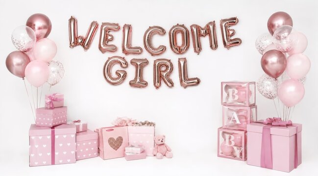 Babyparty Dekoration in Rosa mit Folienballons und Geschenken