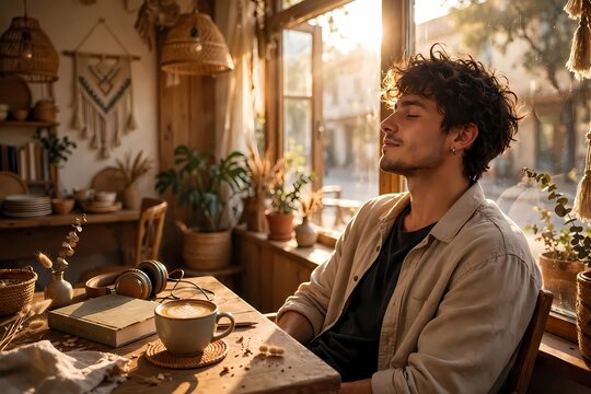 Man Relaxing with Coffee in Sunlit Boho Cafe by Window