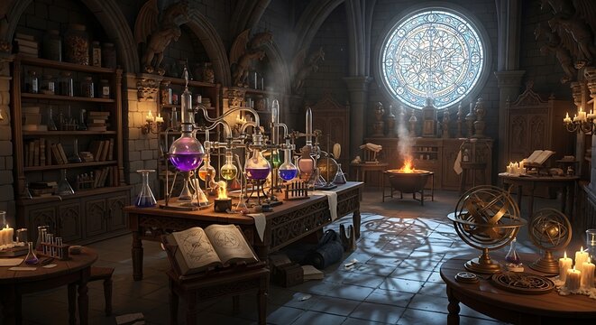 A dark alchemist laboratory filled with glowing glass beakers, bubbling potions, ancient books, candles, and a large stained glass window view