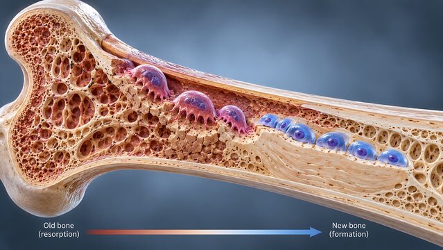 Bone remodeling with osteoclast resorption and osteoblast formation