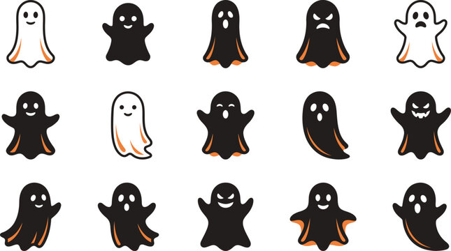Set of cute and scary ghost icons for halloween celebration design