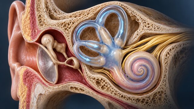 Detailed inner ear anatomy with cochlea and semicircular canals