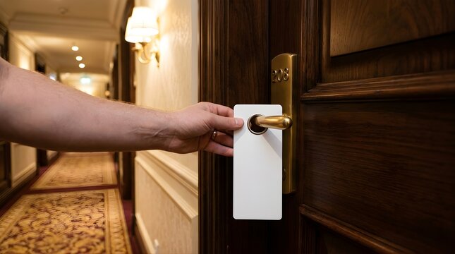 A hand hanging a blank door sign on a wooden hotel room door corridor