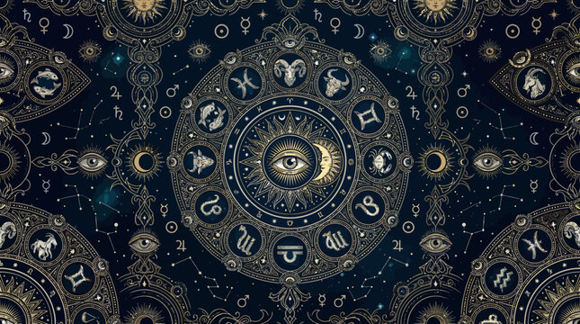 Mystical occult-inspired zodiac pattern, realistic vector zodiac symbols, celestial eyes, moons, stars, suns, planetary symbols and intricate ornamental lines, sophisticated esoteric aesthetic, detail