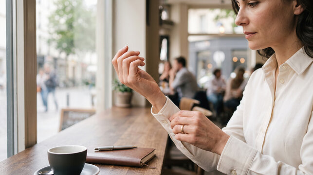 Adult professional fine-tunes an adaptive cuff closure at a cafe