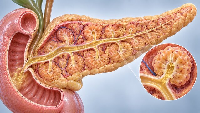 Detailed pancreas anatomy showing pancreatic duct and acinar tissue