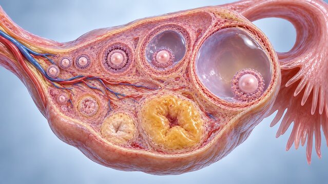 Detailed ovary anatomy showing ovarian follicles and corpus luteum