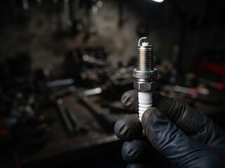 Close-up of a mechanic's gloved hand holding a clean automotive spark plug inside a dark garage workshop, ready for car engine maintenance and service.