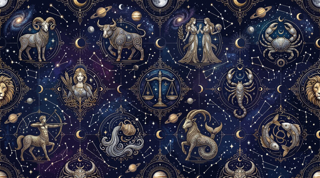 Mystical astrology zodiac pattern, realistic vector zodiac animals and symbolic figures surrounded by stars, crescent moons, planets and constellation lines, detailed textures, clean geometric vector 