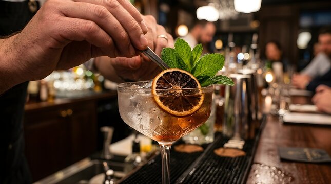Bartender garnishing a craft cocktail with dried lime and mint in a bar