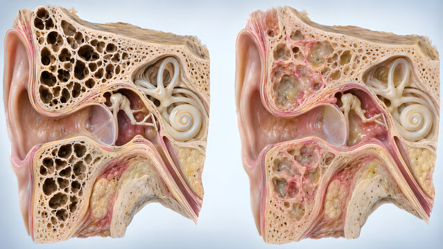 Mastoid Bone Normal Anatomy Versus Mastoiditis Comparison, Photorealistic Medical Illustration Showing Inflamed Air Cells for Otolaryngology, Radiology, Healthcare and Patient Education