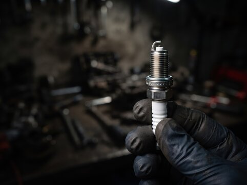 Close-up of a mechanic's gloved hand holding a clean automotive spark plug inside a dark garage workshop, ready for car engine maintenance and service.