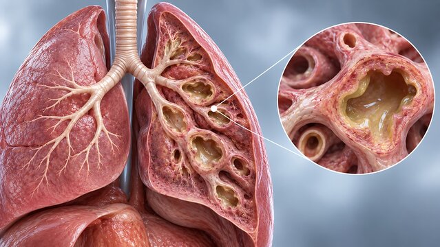 Bronchiectasis with dilated airways and damaged lung tissue