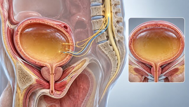 Urinary bladder innervation with pelvic nerves and detailed male anatomy