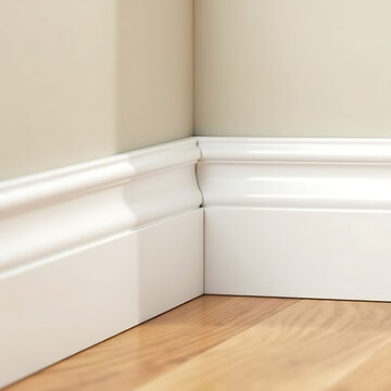 Close up view of white wooden baseboard molding installed in corner of a room with wooden floor