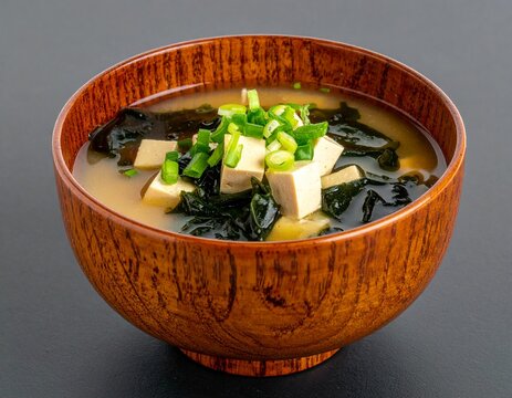 Bowl of Japanese miso soup with tofu and wakame seaweed