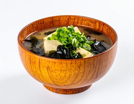 Bowl of Japanese miso soup with tofu and wakame seaweed
