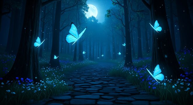 A stone path winds through a dark, foggy forest at night, illuminated by a full moon and glowing blue butterflies fluttering among the trees