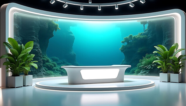Modern virtual news studio set with underwater ocean landscape background and desk