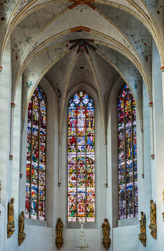 Stained-glass windows inside gothic church in Holland